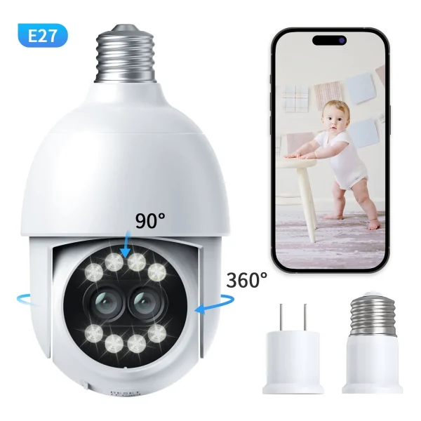 TOPVISION Light Bulb Camera, 4MP Security Camera Wireless Wifi with Dual Lens, 360°PTZ Security Cameras Outdoor with Full Color Night Vision, Two Way Audio, IP66 Weatherproof, 2.4GHz Wifi