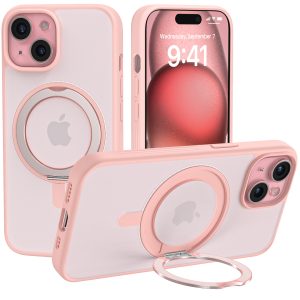 TOPVISION Phone Case for iPhone 15 MagSafe Compatible, Magnetic Case with Ring Stand - Frosted Pink