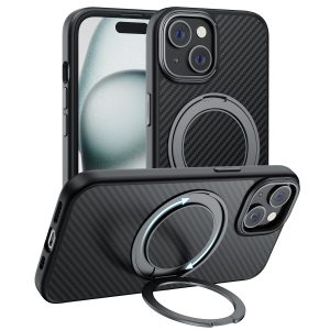 TOPVISION Magnetic Phone Case for iPhone 15, Kevlar Case with Ring Stand, MagSafe Compatible - Black