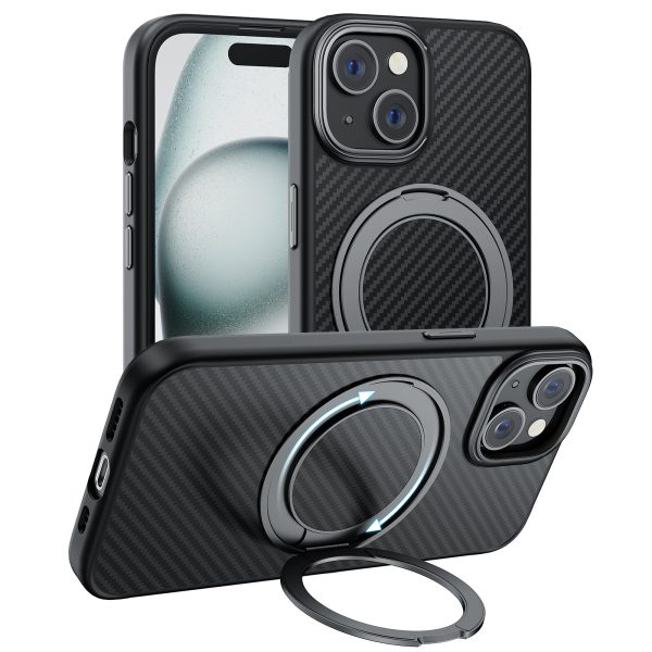 TOPVISION Magnetic Phone Case for iPhone 15, Kevlar Case with Ring Stand, MagSafe Compatible - Black