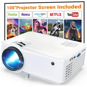 Mini Projector, 1080P HD and 240" LCD Display Supported Portable Projector, Movie Projector with 100" Projector Screen, Compatible with Fire Stick, HDMI, VGA, USB