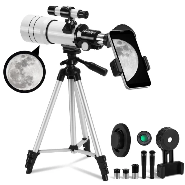TOPVISION Telescope, 70mm Telescopes for Adults & Kids, 300mm Portable Refractor Telescope (15X-150X) with a Phone Adapter & Adjustable Tripod for Astronomy Beginners, Gift for Kids, White
