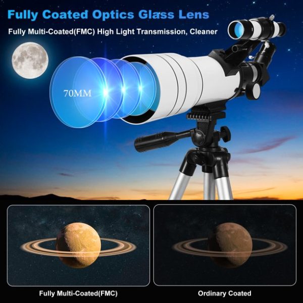 TOPVISION Telescope, 70mm Telescopes for Adults & Kids, 300mm Portable Refractor Telescope (15X-150X) with a Phone Adapter & Adjustable Tripod for Astronomy Beginners, Gift for Kids, White - Image 3