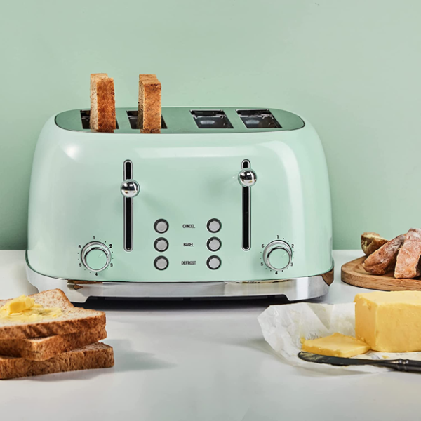 4 Slice Toaster Retro Stainless Steel Toasters with Bagel Defrost Cancel Function, 6 Browning Settings, Pastel Green