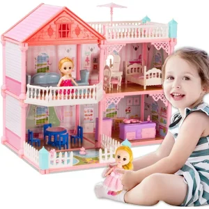 2023 Upgrade Dollhouse with Dolls, Flashing Lights, Furniture, Household Items and Gardening Tool Accessories, DIY Cottage Pretend Play Doll House, Gift for Ages 3+