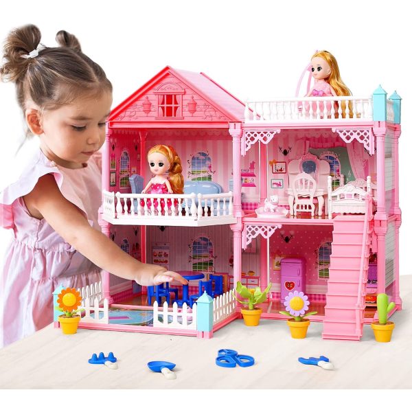 2023 Upgrade Dollhouse with Dolls, Flashing Lights, Furniture, Household Items and Gardening Tool Accessories, DIY Cottage Pretend Play Doll House, Gift for Ages 3+ - Image 4