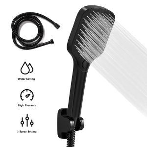 TOPVISION Handheld Shower Head, High Pressure Shower Head with 3 Spray Settings, Square Shower Head with Big Button, 59" Stainless Steel Hose and Adjustable Shower Stand, Drill-Free Design,