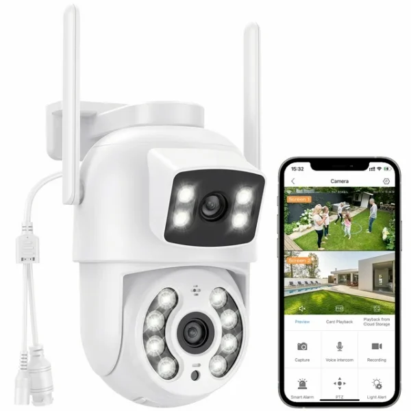 TOPVISION Dual Lens Security Camera Outdoor, 6MP Dual Lens Smart Linkage, 2.4GHz WiFi PTZ Outdoor Camera with Auto Tracking Human Detection, 50M Color Night Vision, Two-Way Audio, IP66