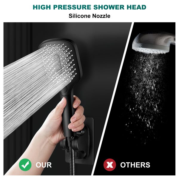 TOPVISION Handheld Shower Head, High Pressure Shower Head with 3 Spray Settings, Square Shower Head with Big Button, 59" Stainless Steel Hose and Adjustable Shower Stand, Drill-Free Design, Black - Image 5