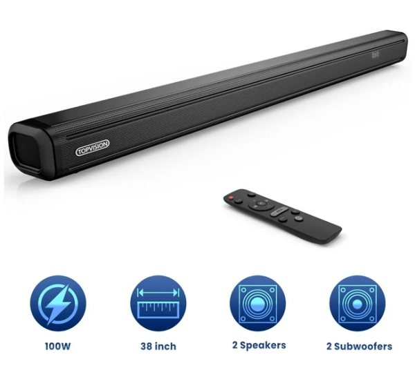 TOPVISION 38" Soundbar 2.2ch Built-in Dual Subwoofers, Bluetooth 3D Surround Sound Bar TV Speaker, HDMI/RCA/Optical/Aux Connection