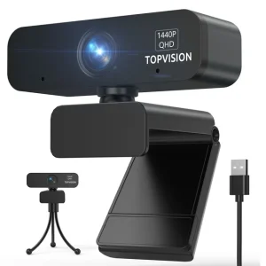 TOPVISION ZC08 2K Web Cam with Adjustable Mount & Tripod (Stand), Black, New