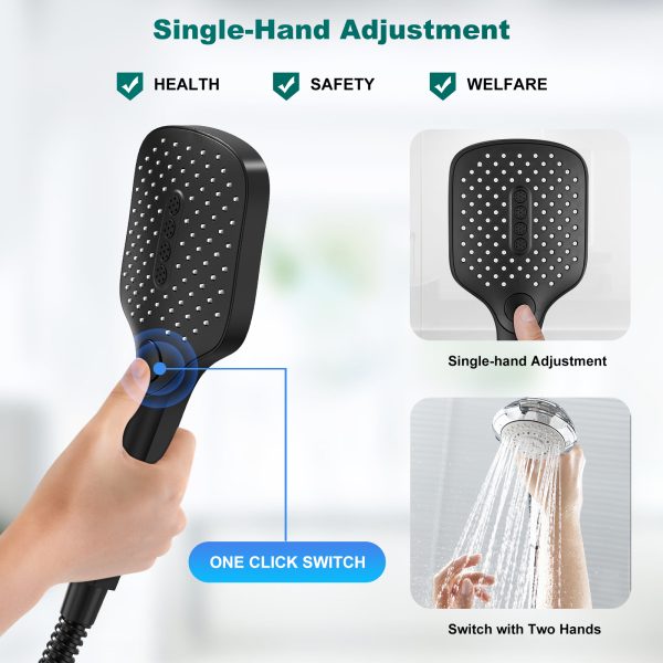 TOPVISION Handheld Shower Head, High Pressure Shower Head with 3 Spray Settings, Square Shower Head with Big Button, 59" Stainless Steel Hose and Adjustable Shower Stand, Drill-Free Design, - Image 5