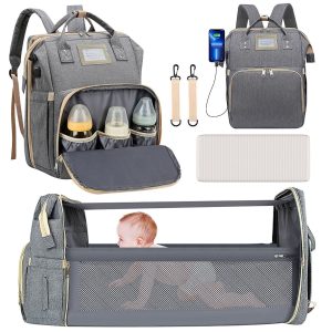 2023 Upgrade Diaper Bag Backpack, Multifunctional Baby Changing Bag with Foldable Crib & Insulated Milk Bottle Pocket, Large Capacity Travel Backpack with USB Charging Port & Stroller Strap