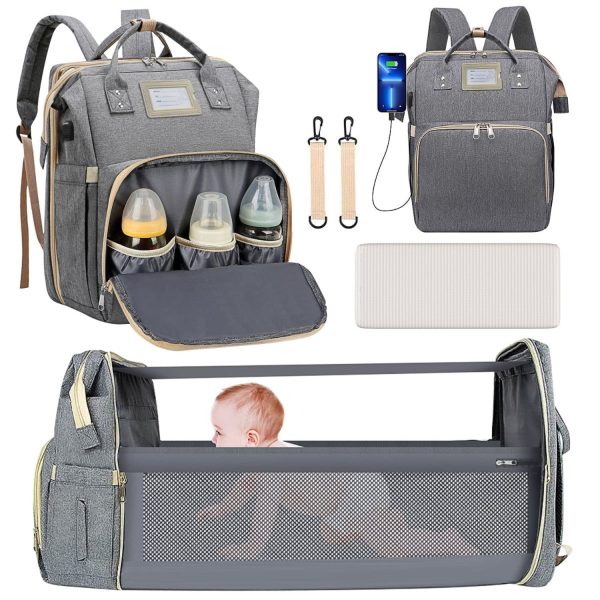 2023 Upgrade Diaper Bag Backpack, Multifunctional Baby Changing Bag with Foldable Crib & Insulated Milk Bottle Pocket, Large Capacity Travel Backpack with USB Charging Port & Stroller Strap