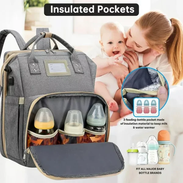 2023 Upgrade Diaper Bag Backpack, Multifunctional Baby Changing Bag with Foldable Crib & Insulated Milk Bottle Pocket, Large Capacity Travel Backpack with USB Charging Port & Stroller Strap - Image 3