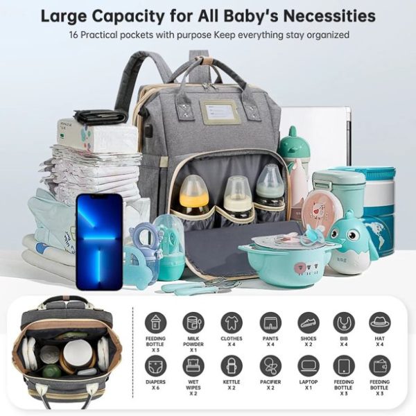 2023 Upgrade Diaper Bag Backpack, Multifunctional Baby Changing Bag with Foldable Crib & Insulated Milk Bottle Pocket, Large Capacity Travel Backpack with USB Charging Port & Stroller Strap - Image 4