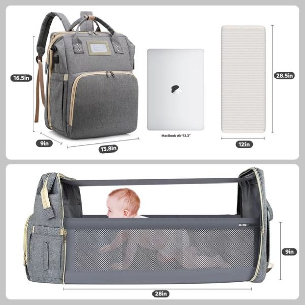 2023 Upgrade Diaper Bag Backpack, Multifunctional Baby Changing Bag with Foldable Crib & Insulated Milk Bottle Pocket, Large Capacity Travel Backpack with USB Charging Port & Stroller Strap - Image 5