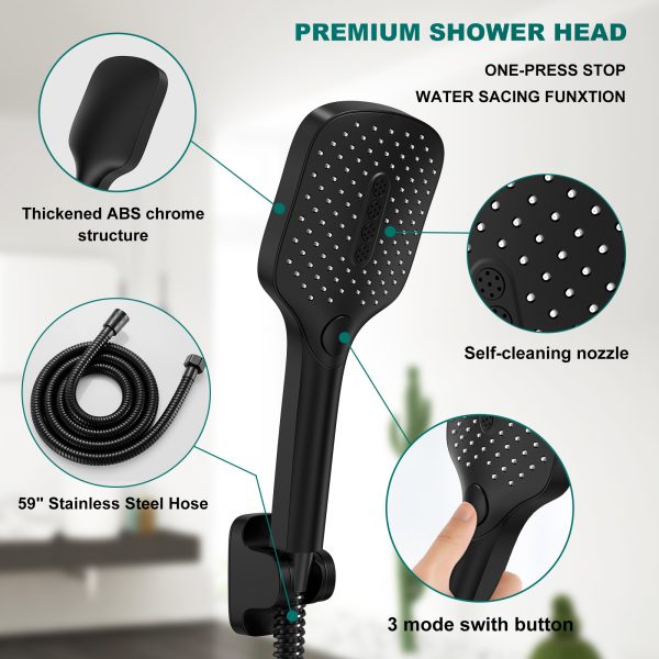 TOPVISION Handheld Shower Head, High Pressure Shower Head with 3 Spray Settings, Square Shower Head with Big Button, 59" Stainless Steel Hose and Adjustable Shower Stand, Drill-Free Design, Black - Image 4
