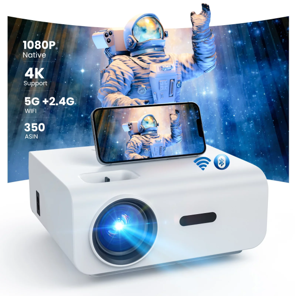 5G/2.4G WiFi Bluetooth Projector, 12000 Lux Native 1080P Support 4K, Outdoor Movie Projector Compatible with iOS/Android, 100" Screen Included