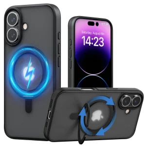 TOPVISION Magnetic Case for iPhone 16, iPhone Case with Ring Stand, Shockproof Anti-Fingerprint Compatible MagSafe Black
