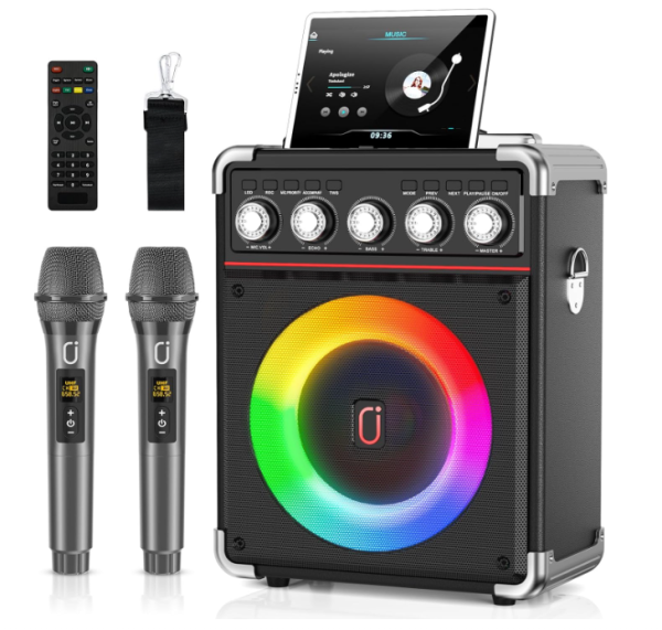 TOPVISION Portable Karaoke Machine, Bluetooth Karaoke Singing Speaker with 2 UHF Wireless Karaoke Microphones for Adults, RGB/TWS/Rec, Supports TF Card/USB, Aux in