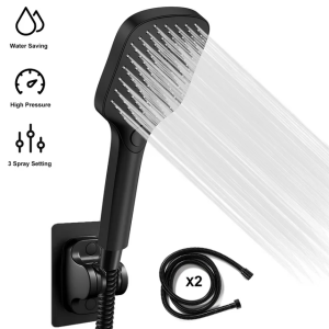 TOPVISION Handheld Shower Head, High Pressure Shower Head with 3 Spray Settings, Square Shower Head with Big Button, 59" Stainless Steel Hose and Adjustable Shower Stand, Drill-Free Design, Black